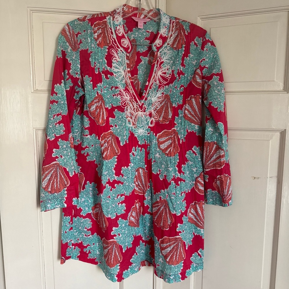 Lilly Pulitzer Tunic/Swim Cover Up- Red and Teal Coral/Shell Design Women's XS